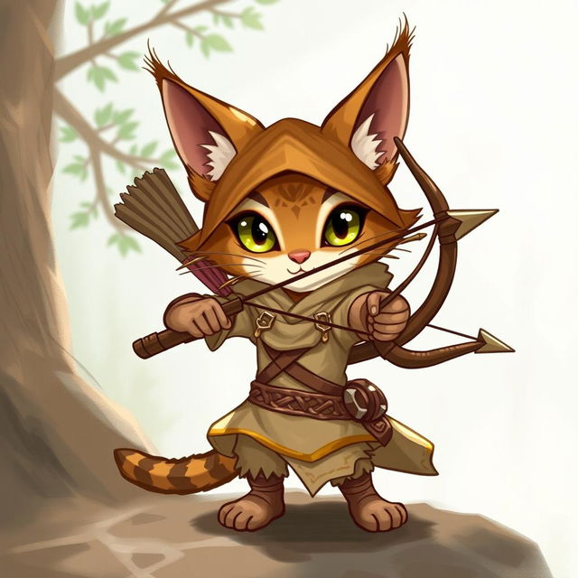 A small, adorable female tabaxi rogue from Dungeons & Dragons, equipped with a bow and arrow