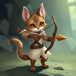 A small, adorable female tabaxi rogue from Dungeons & Dragons, equipped with a bow and arrow