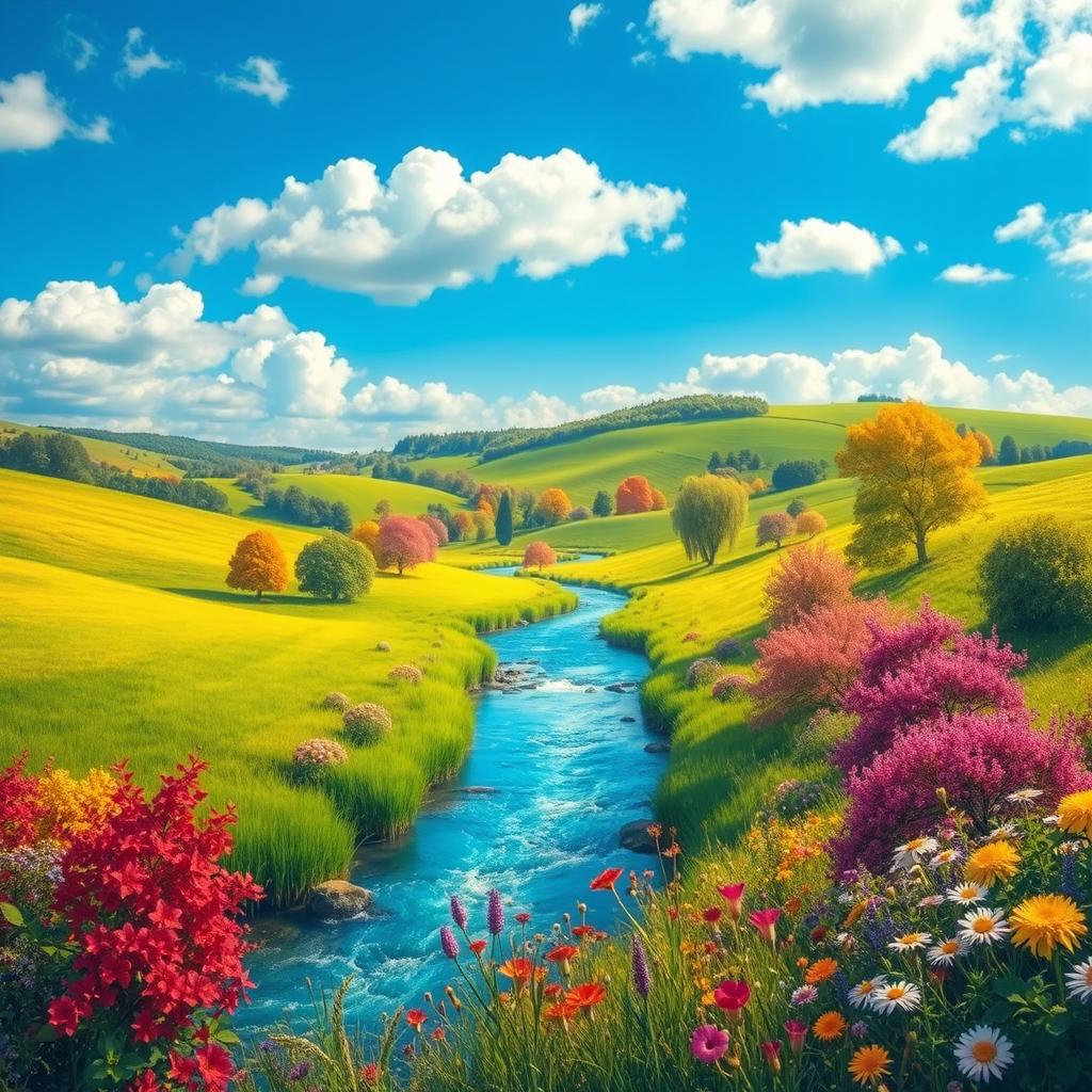 Create a vibrant and colorful image of a serene landscape featuring a clear blue sky, lush green fields, and a sparkling river flowing through the scene