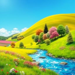 Create a vibrant and colorful image of a serene landscape featuring a clear blue sky, lush green fields, and a sparkling river flowing through the scene