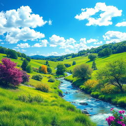 Create a vibrant and colorful image of a serene landscape featuring a clear blue sky, lush green fields, and a sparkling river flowing through the scene