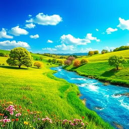 Create a vibrant and colorful image of a serene landscape featuring a clear blue sky, lush green fields, and a sparkling river flowing through the scene