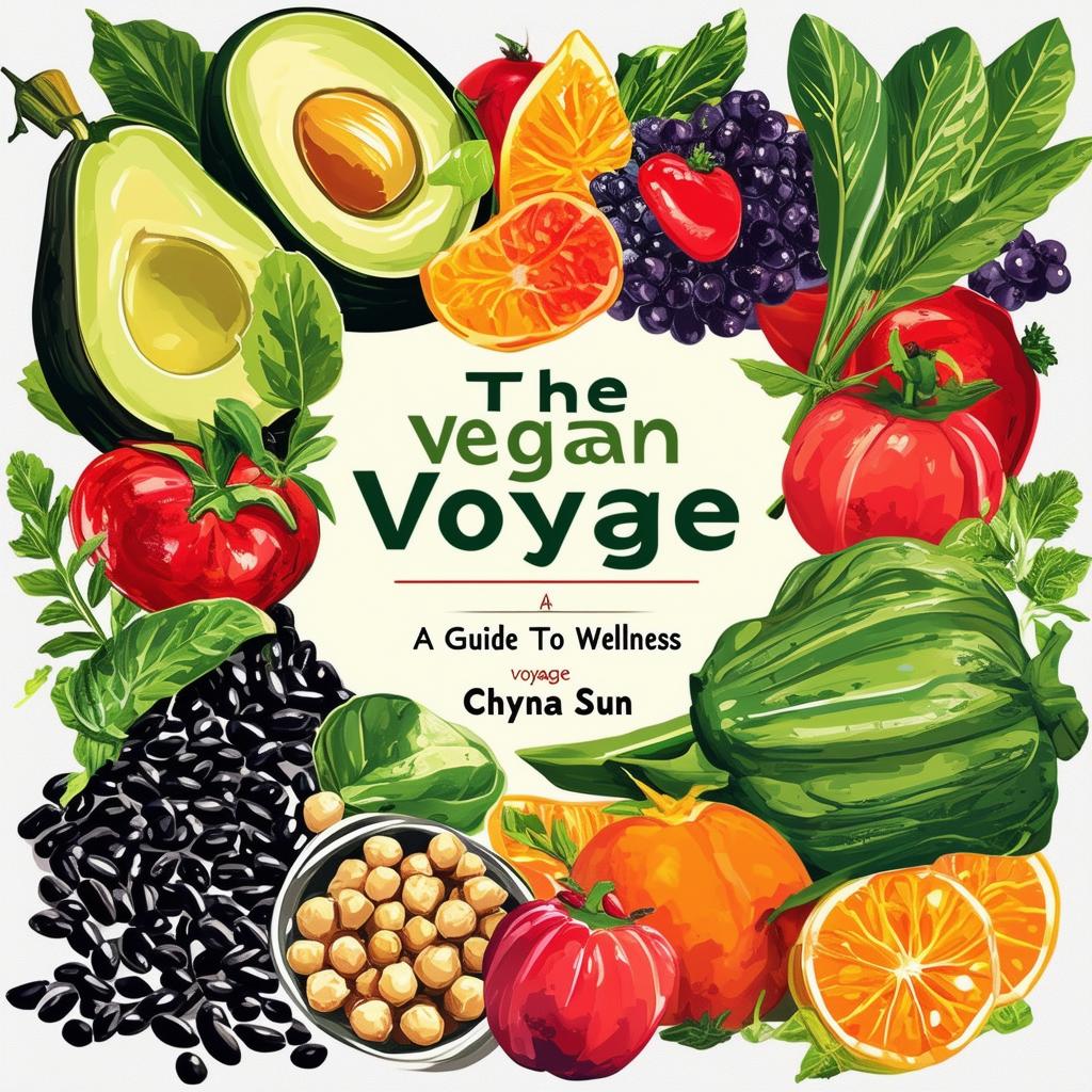 Create a vibrant and inviting printable cookbook cover titled 'The Vegan Voyage: A Guide to Wellness' by Chyna Sun, featuring fresh, natural and vibrant colors, illustrations of vegetables, fruits, herbs, black beans, chickpeas, quinoa, jackfruit, and avocados, with a clean, modern design