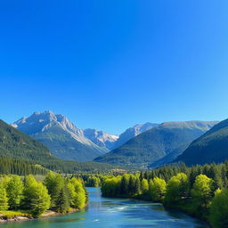 Create an image of a serene landscape with mountains, a clear blue sky, and a peaceful river flowing through a lush green forest