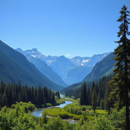 Create an image of a serene landscape with mountains, a clear blue sky, and a peaceful river flowing through a lush green forest