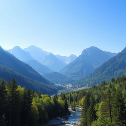 Create an image of a serene landscape with mountains, a clear blue sky, and a peaceful river flowing through a lush green forest