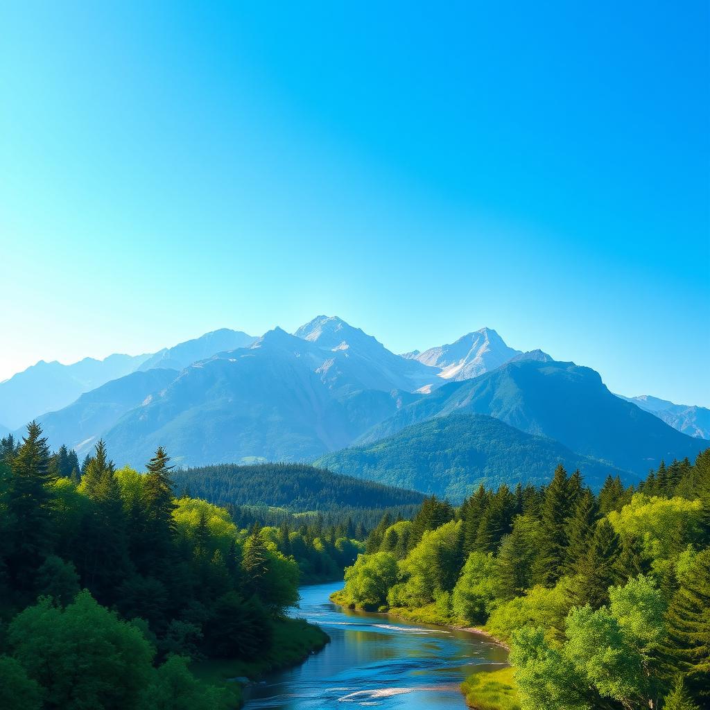 Create an image of a serene landscape with mountains, a clear blue sky, and a peaceful river flowing through a lush green forest