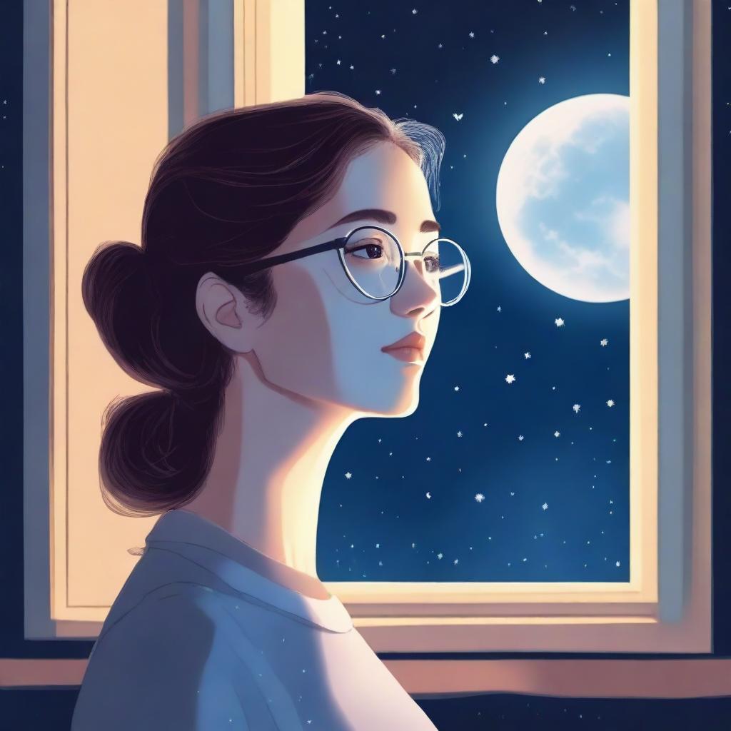 A young adult lady wearing glasses is looking at the moon through a window