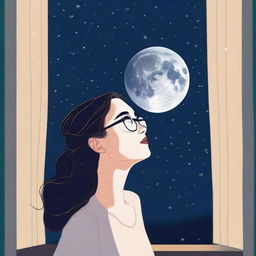 A young adult lady wearing glasses is looking at the moon through a window