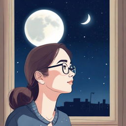 A young adult lady wearing glasses is looking at the moon through a window