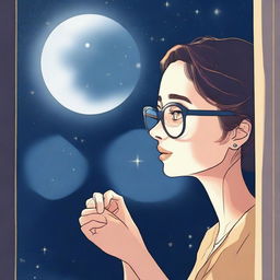 A young adult lady wearing glasses is looking at the moon through a window