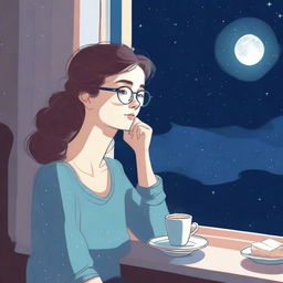 A young adult lady wearing glasses is sitting close to a window at night, holding a cup of tea