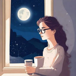 A young adult lady wearing glasses is sitting close to a window at night, holding a cup of tea