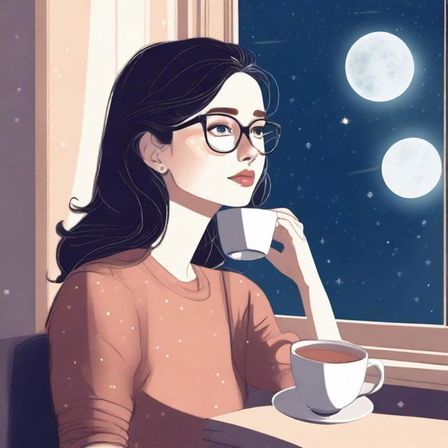 A young adult lady wearing glasses is sitting close to a window at night, holding a cup of tea