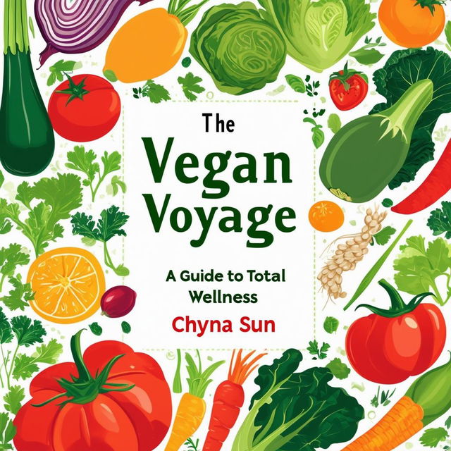 Create a vibrant and inviting printable cookbook cover titled 'The Vegan Voyage: A Guide to Total Wellness' by Chyna Sun, featuring fresh, natural colors, illustrations of vegetables, fruits, and herbs, and a clean, modern design