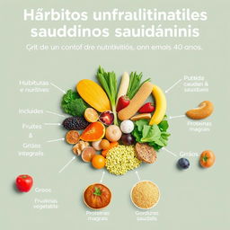 Crie uma imagem informativa e visualmente atraente que ilustre hábitos alimentares saudáveis para indivíduos com mais de 40 anos