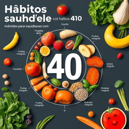 Crie uma imagem informativa e visualmente atraente que ilustre hábitos alimentares saudáveis para indivíduos com mais de 40 anos