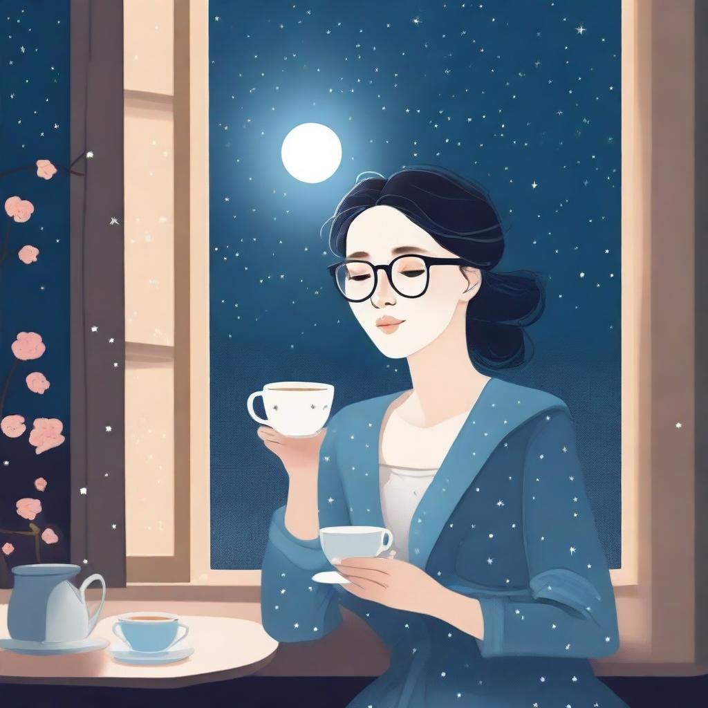 A lady wearing glasses is sitting close to a window at night, drinking tea