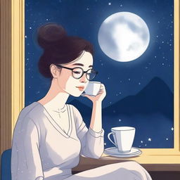 A lady wearing glasses is sitting close to a window at night, drinking tea