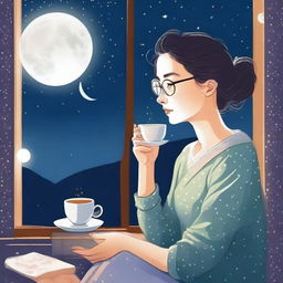 A lady wearing glasses is sitting close to a window at night, drinking tea