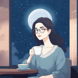 A lady wearing glasses is sitting close to a window at night, drinking tea