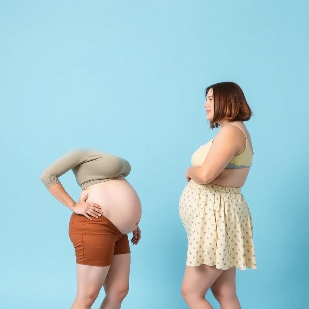 A woman with a thin and fat body, styled with bob haircuts