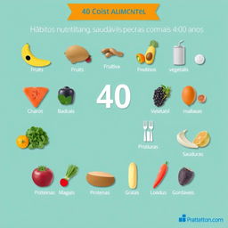 Crie uma imagem informativa e visualmente atraente que ilustre hábitos alimentares saudáveis para pessoas com mais de 40 anos