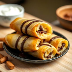 Create an image of a delicious kaos piscok, which is a traditional Indonesian snack made from banana and chocolate wrapped in a crispy spring roll