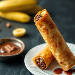 Create an image of a delicious kaos piscok, which is a traditional Indonesian snack made from banana and chocolate wrapped in a crispy spring roll