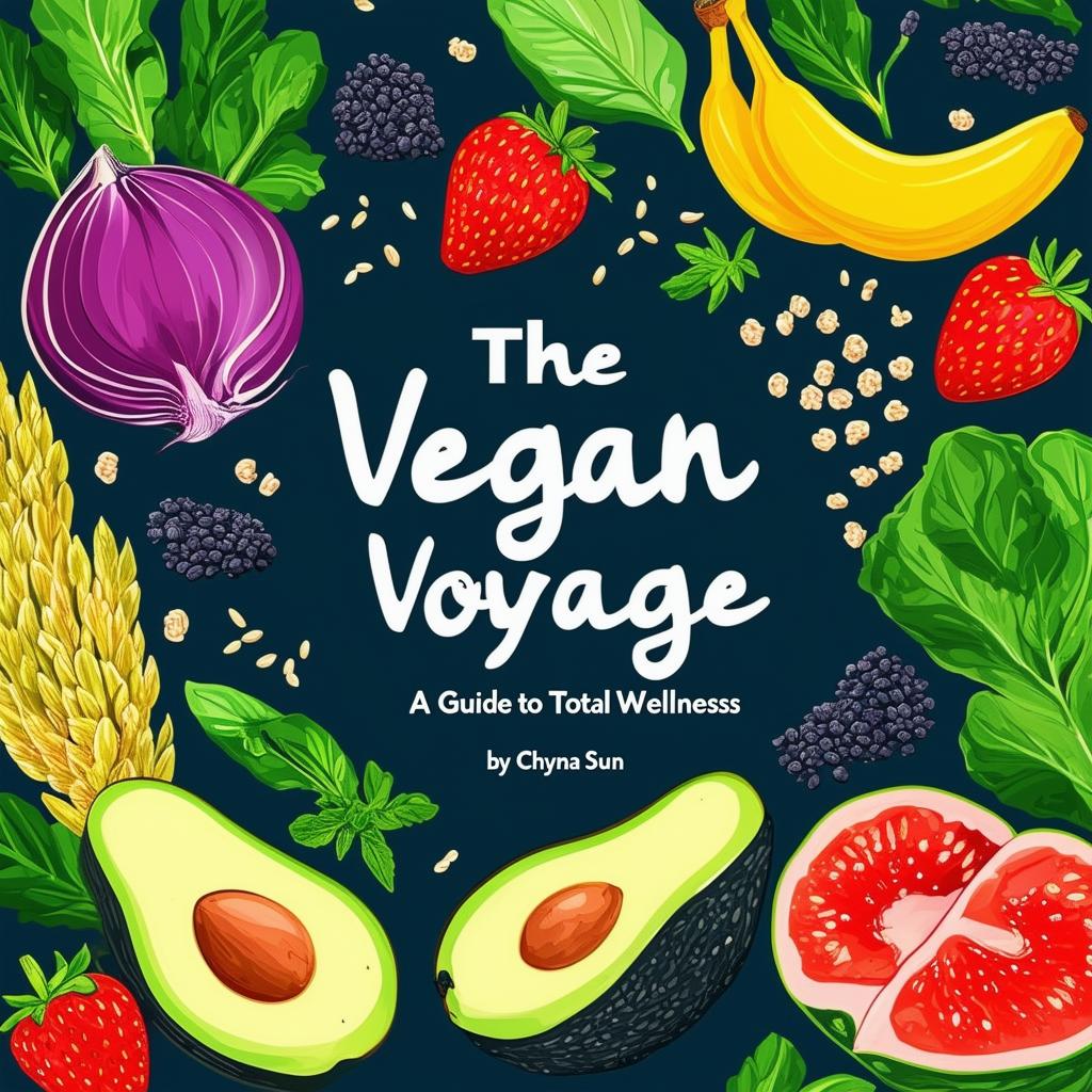 Create a vibrant and inviting printable cookbook cover titled 'The Vegan Voyage: A Guide to Total Wellness' by Chyna Sun, featuring fresh, natural and vibrant colors, illustrations of vegetables, fruits, herbs, black beans, quinoa, avocados, strawberries, bananas, rice, and other vegan items, with a clean, modern design