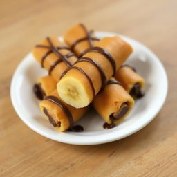 Create an image of a delicious kaos piscok, which is a traditional Indonesian snack made from banana and chocolate wrapped in a crispy spring roll