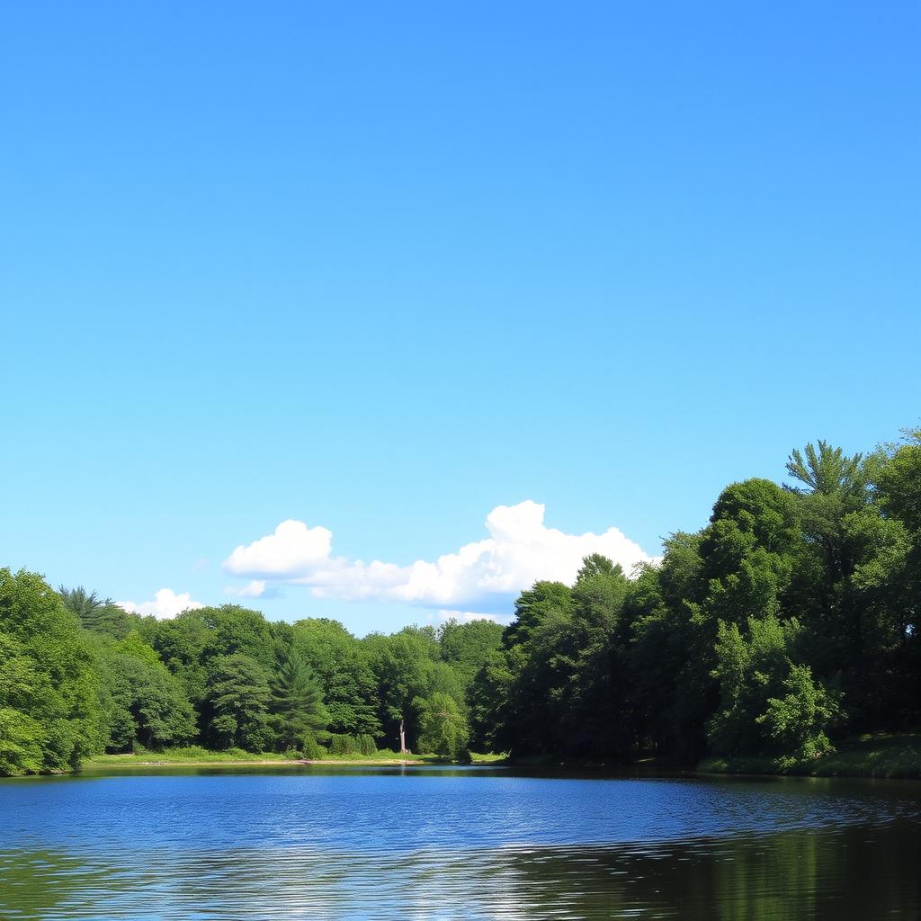 A beautiful landscape featuring a serene lake surrounded by lush green trees, with a clear blue sky and a few fluffy white clouds