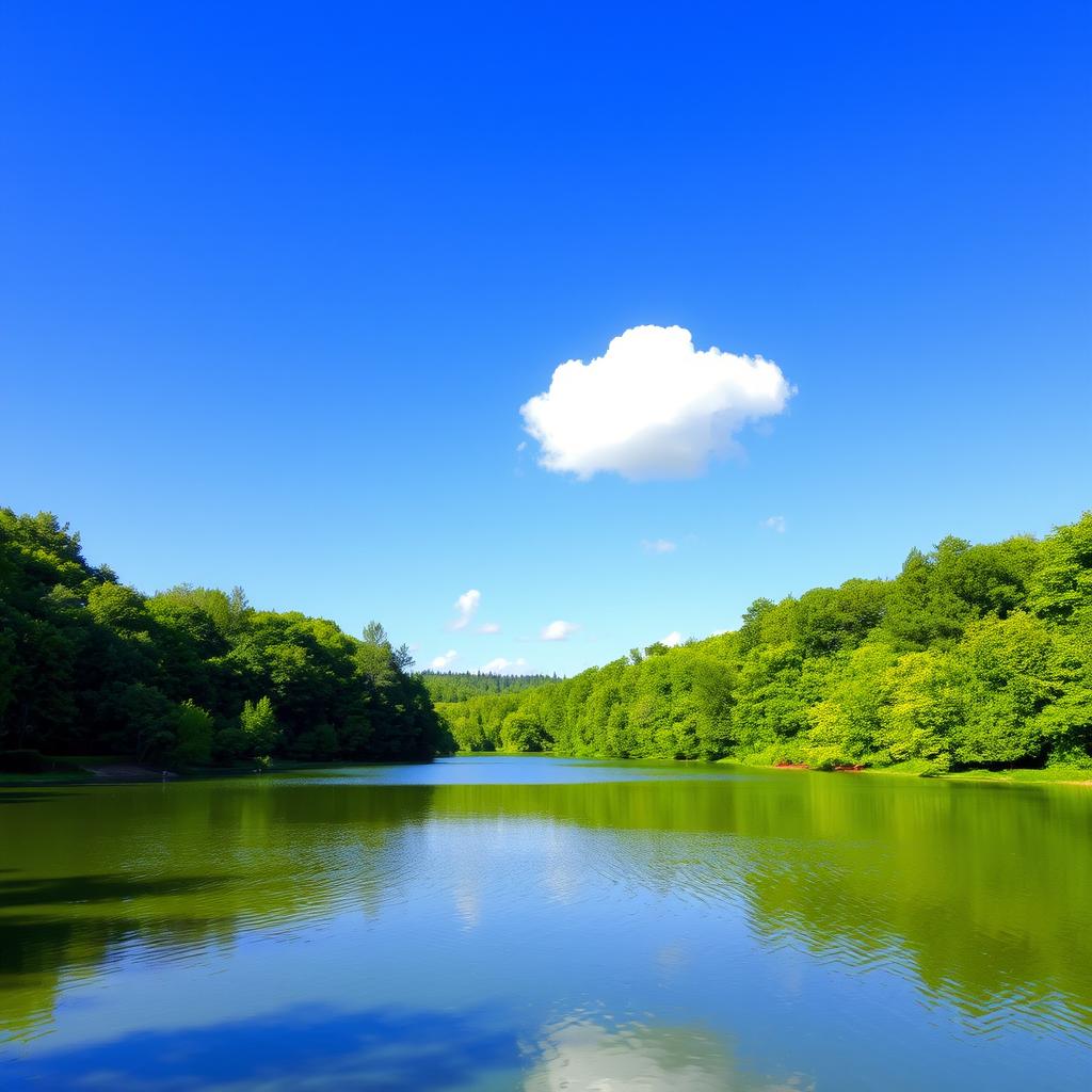 A beautiful landscape featuring a serene lake surrounded by lush green trees, with a clear blue sky and a few fluffy white clouds