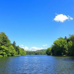 A beautiful landscape featuring a serene lake surrounded by lush green trees, with a clear blue sky and a few fluffy white clouds