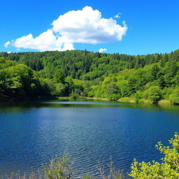 A beautiful landscape featuring a serene lake surrounded by lush green trees, with a clear blue sky and a few fluffy white clouds