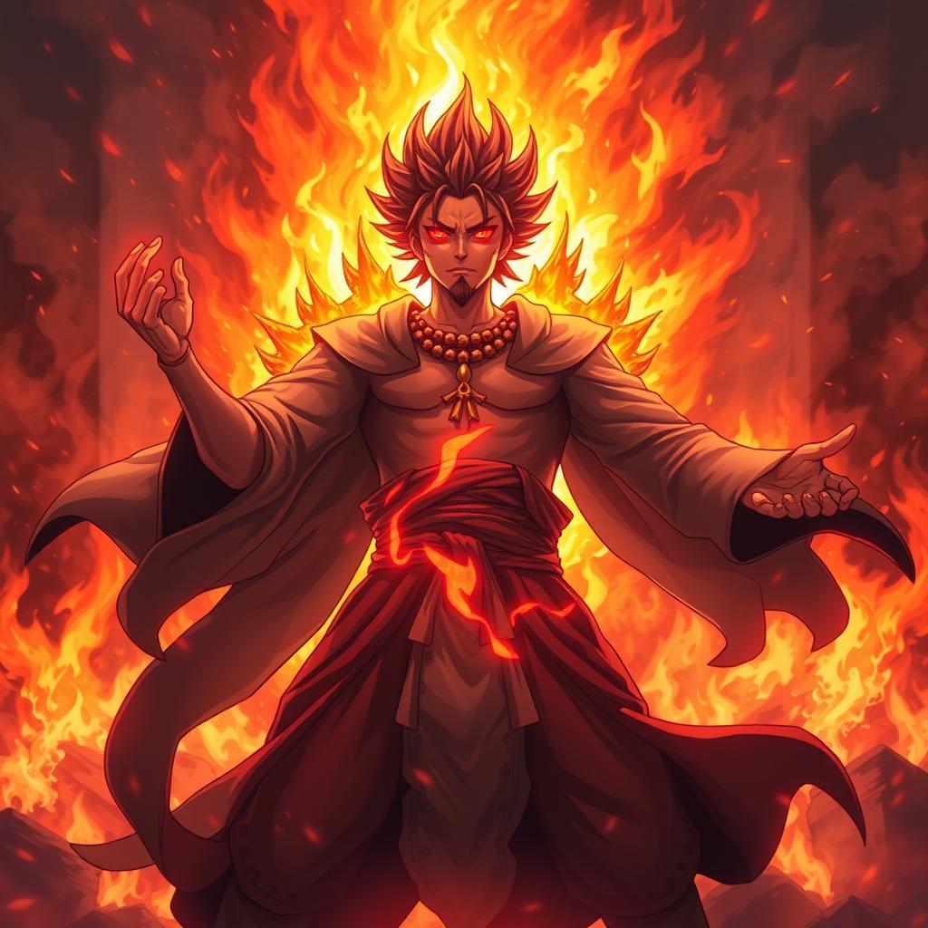 A dramatic depiction of Satoru Gojo as the god of fire