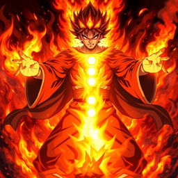 A dramatic depiction of Satoru Gojo as the god of fire