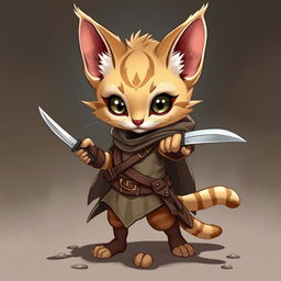 A small, adorable female tabaxi rogue from Dungeons & Dragons, with beige fur and equipped with daggers