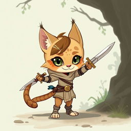 A small, adorable female tabaxi rogue from Dungeons & Dragons, with beige fur and equipped with daggers