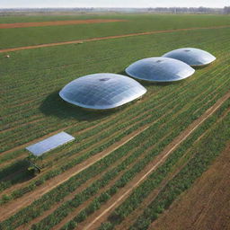 Futuristic agricultural landscape in 2030, showcasing advances in crop production, climate monitoring technology, newly developed plant varieties, non-tillage cropping system, SNAP and livestock Hydroponics.