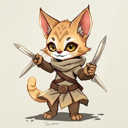 A small, adorable female tabaxi rogue from Dungeons & Dragons, with beige fur and equipped with daggers