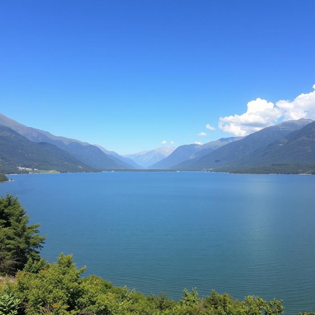 A serene landscape featuring a tranquil lake surrounded by lush greenery and mountains in the background, with a clear blue sky and a few fluffy white clouds