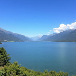 A serene landscape featuring a tranquil lake surrounded by lush greenery and mountains in the background, with a clear blue sky and a few fluffy white clouds