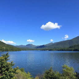 A serene landscape featuring a tranquil lake surrounded by lush greenery and mountains in the background, with a clear blue sky and a few fluffy white clouds