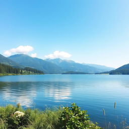 A serene landscape featuring a tranquil lake surrounded by lush greenery and mountains in the background, with a clear blue sky and a few fluffy white clouds