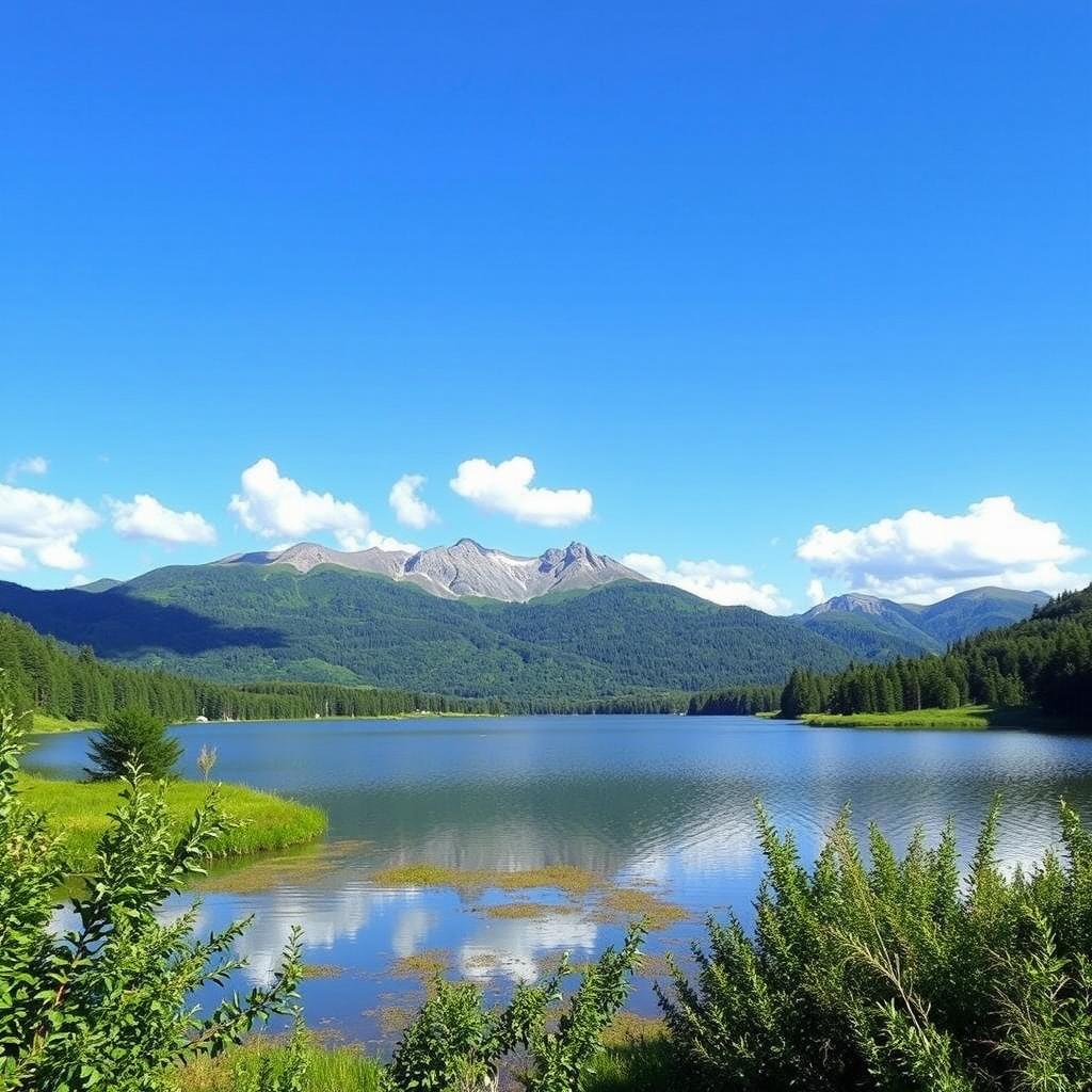 A serene landscape featuring a tranquil lake surrounded by lush greenery and mountains in the background, with a clear blue sky and a few fluffy white clouds