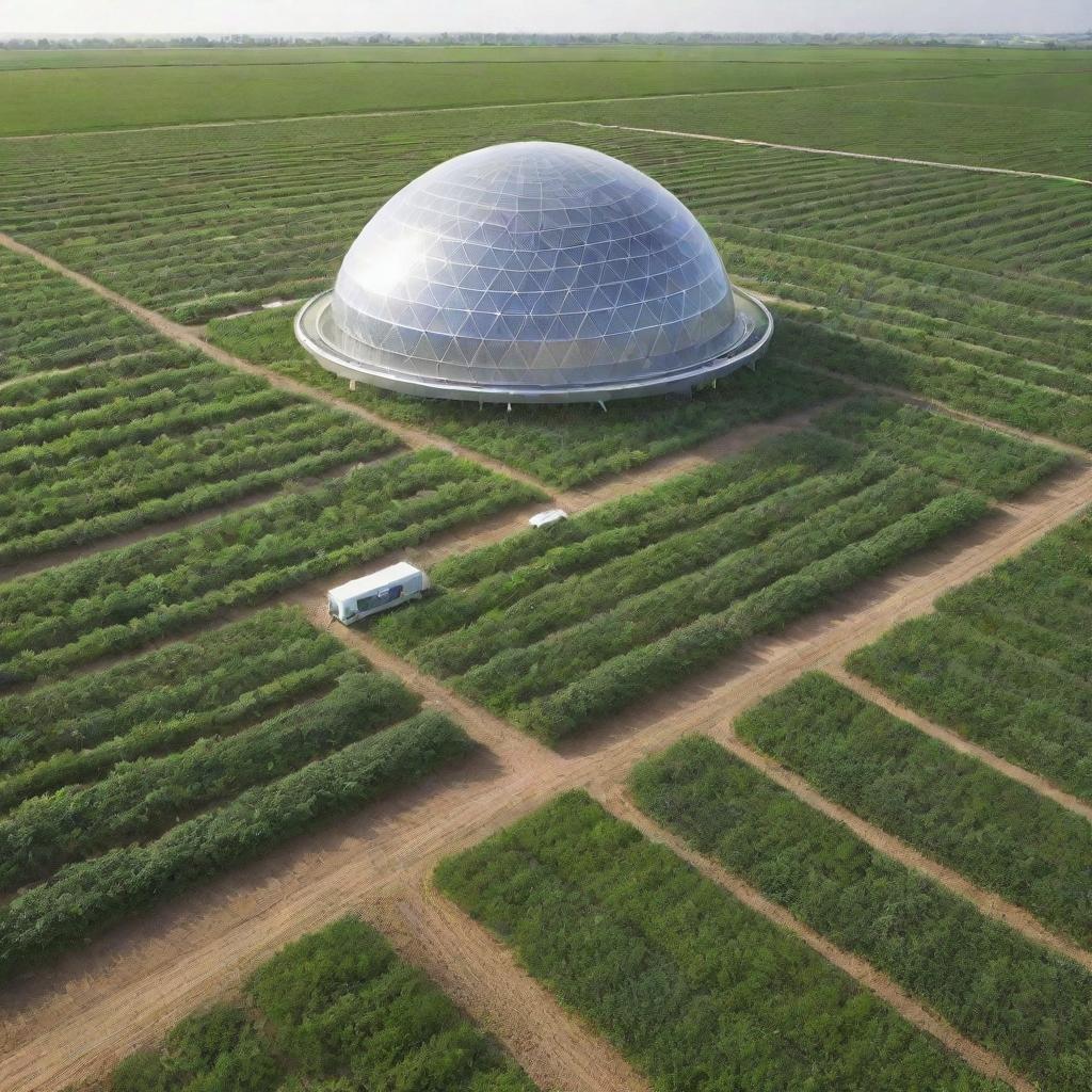 Futuristic agricultural landscape in 2030, showcasing advances in crop production, climate monitoring technology, newly developed plant varieties, non-tillage cropping system, SNAP and livestock Hydroponics.