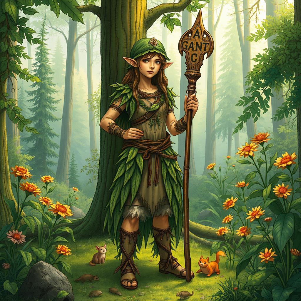 A detailed illustration of a wood elf druid standing in a lush forest