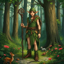 A detailed illustration of a wood elf druid standing in a lush forest