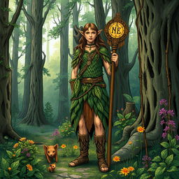 A detailed illustration of a wood elf druid standing in a lush forest